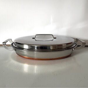 Vintage Ekcoware Copper Bottom Stainless Steel Oval Casserole Pot w/ Lid Handle